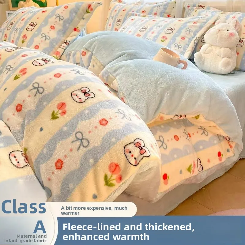 

Thickened Warm Milk Velvet Cartoon Dual-Sided Fleece Bedding Set Winter Collection Durable Washed Fabric Quality Flat Sheet