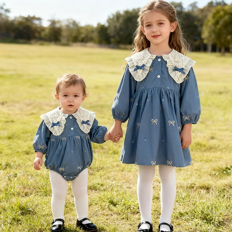 2026 New Spring Sister Clothes Kids Princess Dresses Long Sleeved Cotton Embroidery Baby Girl Romper 2-6Yrs Girl Party Dress