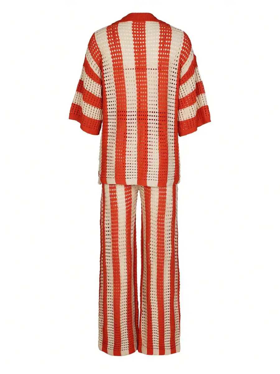 

Vacation Casual Striped Hollow-Out Knit Two Piece Set