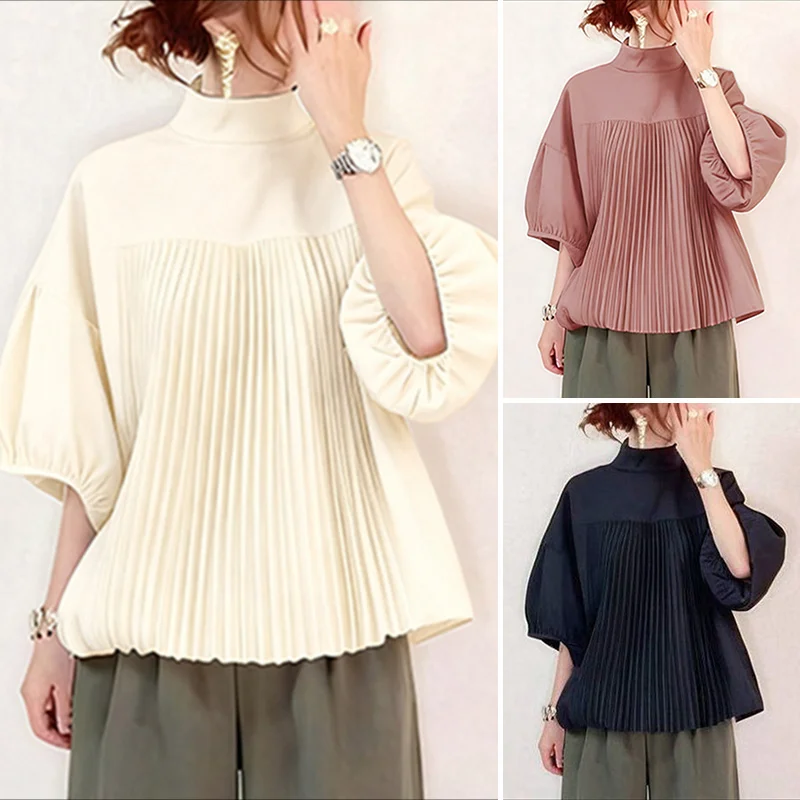 ZANZEA Damesmode Blouse Zomer Stand Kraag Half Lantaarn Mouw Casual Geplooide Tops Losse Shirts Elegant Office Lady Blusas