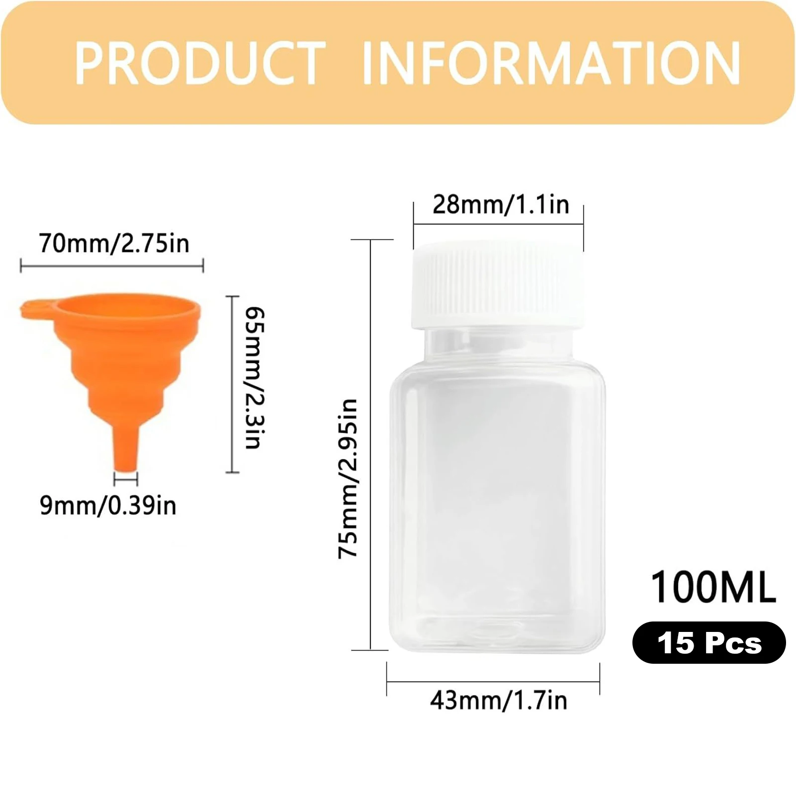 Garrafas plásticas PET quadradas de 15 unidades com tampas seladas reutilizáveis 100ml conjunto incluindo funil para recipiente cosmético de pó líquido 100ml