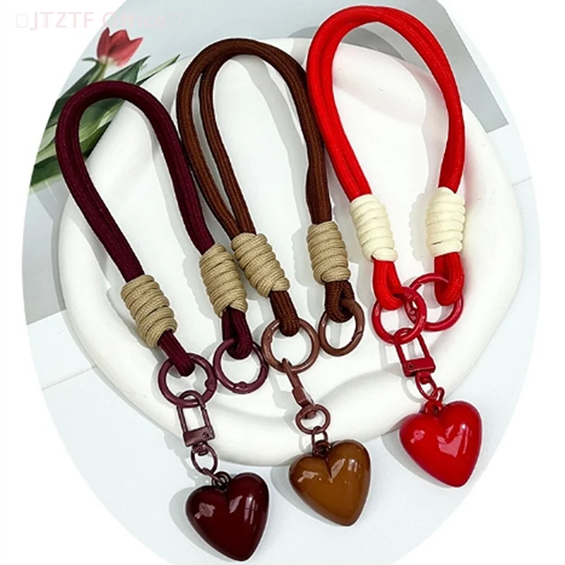 1 Piece Love Double Loop Short Braided Rope Phone Lanyard Hanging Chain Keychain Can Be Carried Twist Rope Anti-loss Pendant