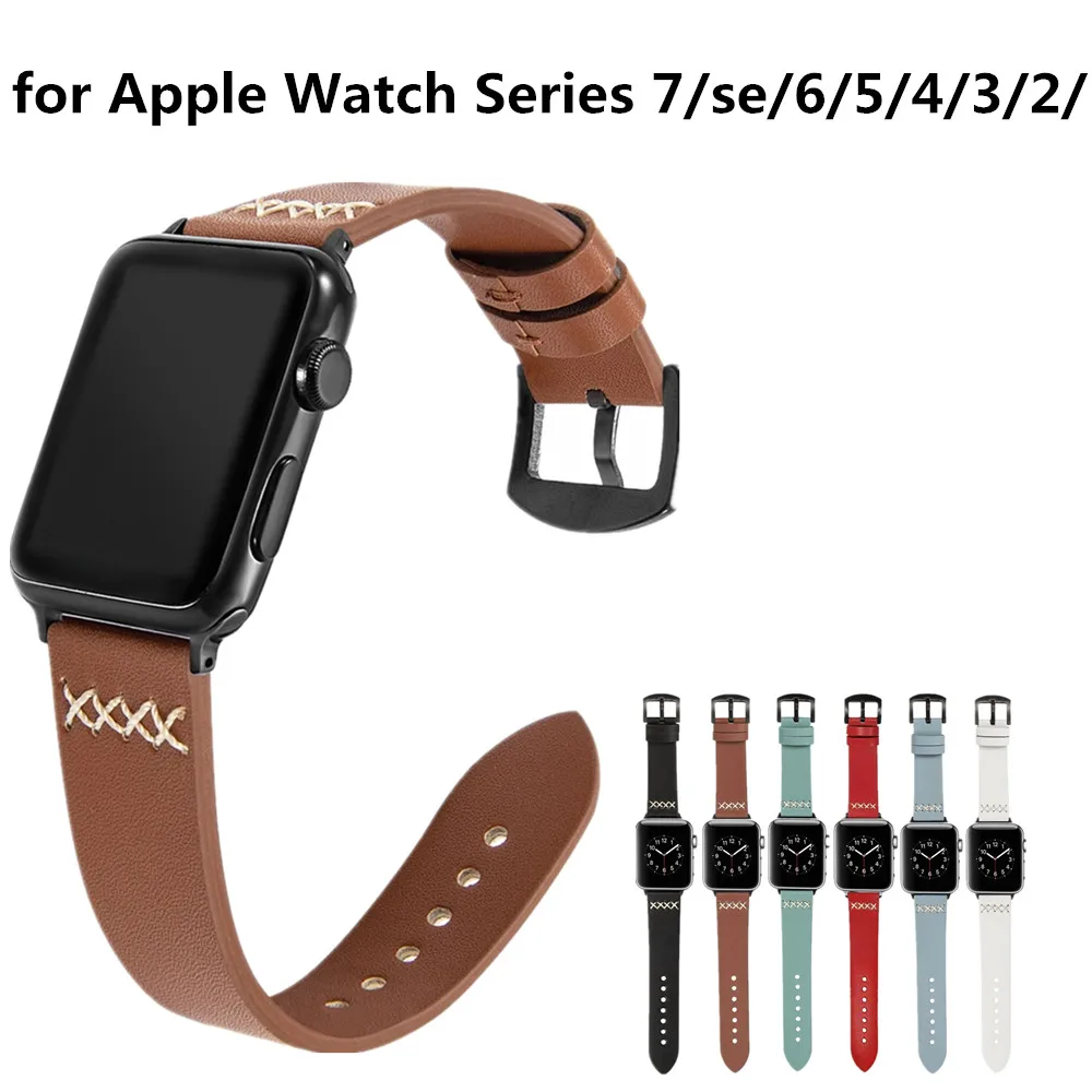 Pure Color Genuine Leather Strap for Apple Watch Series 7/se/6/5/4/3/2/1 (41mm 45mm 44mm 40mm 42mm 38mm)