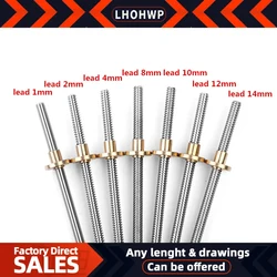 T8 Trapezoidal Rod Lead Screw Thread 8mm Length700mm 750mm  Lead1mm/2mm/4mm/8mm/10mm/12mm/14mm with Brass NutCNC 3D Printer