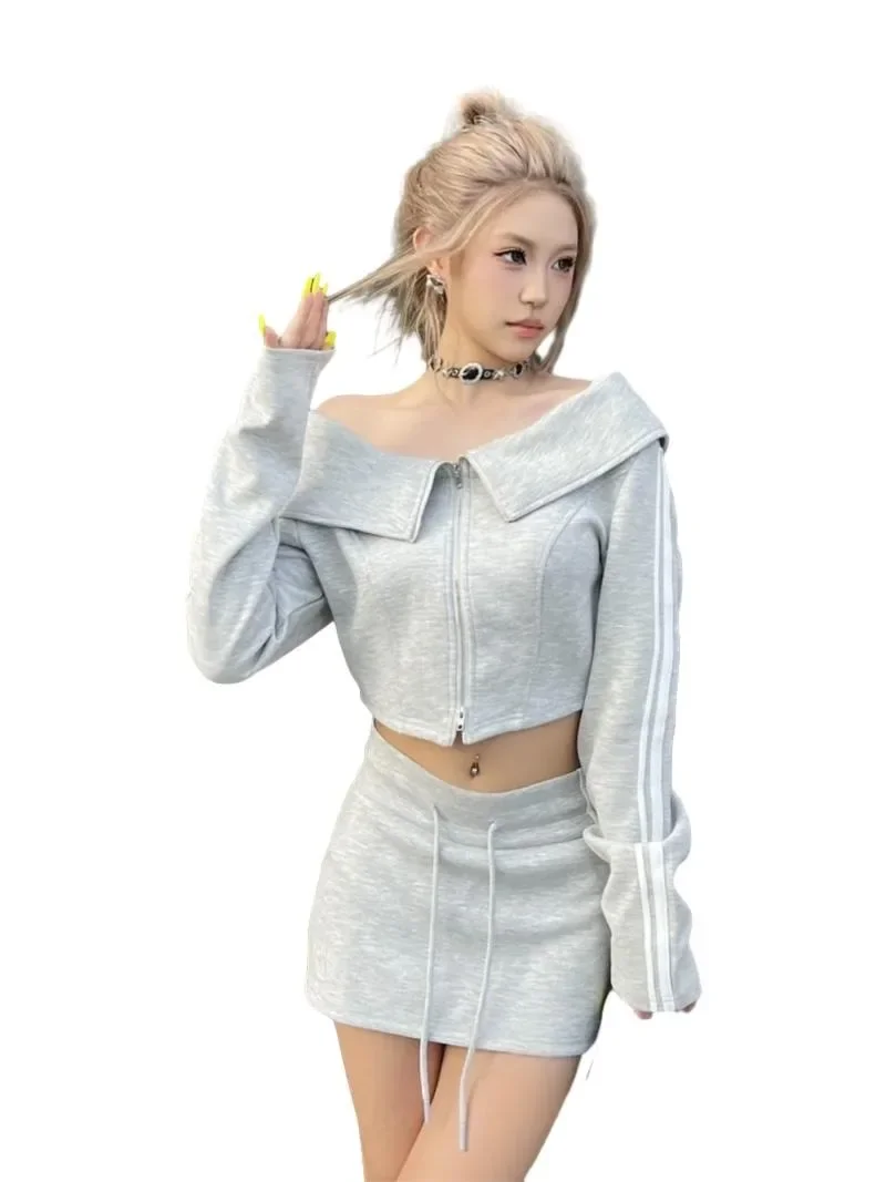 Off Shoulder Lapel Hoodies Skirt Two Piece Set Women American Spicy Girls Drawstring Solid Casual Slim Elastic Sports Short Suit