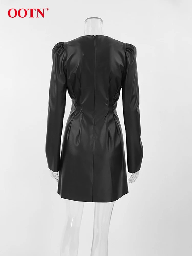 OOTN Elegant Black Pleated A Line Dress 2023 Sexy Zipper Slim PU Mini Dress Female Office O Neck High Waist Dresses Women Autumn