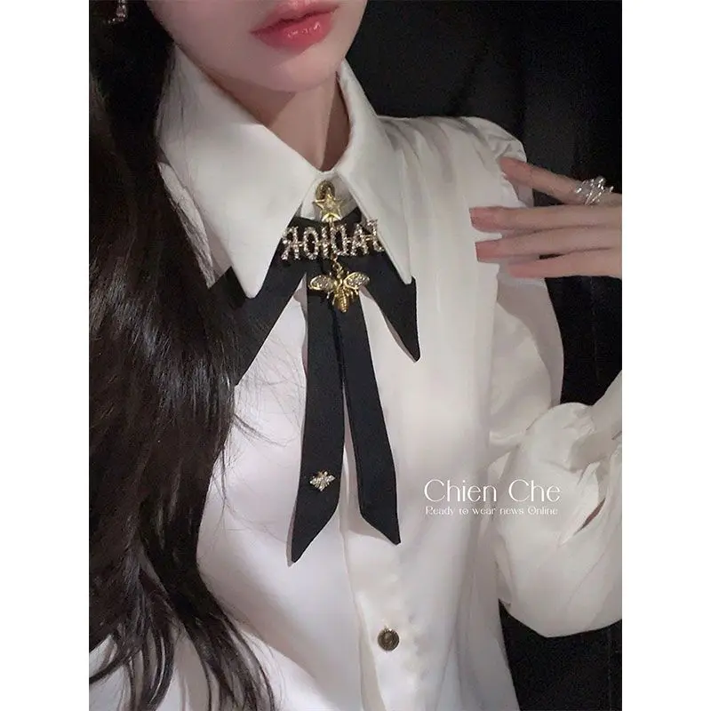 Spring and Autumn Korean Sweet Top Lantern Bubble Sleeves White Interior Pure Desire Top Collar Lace Shirt