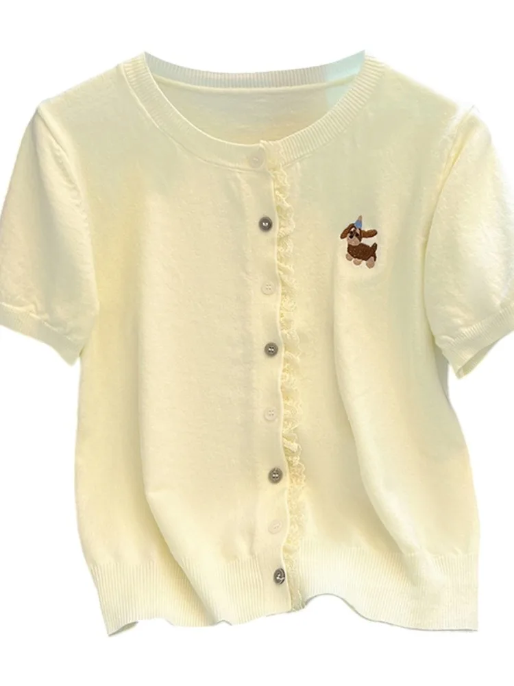 우아한 자수 니트 반팔 오픈 가디건 티셔츠 여성 여름 2025 신상 슬림핏 독창적인 디자인 탑