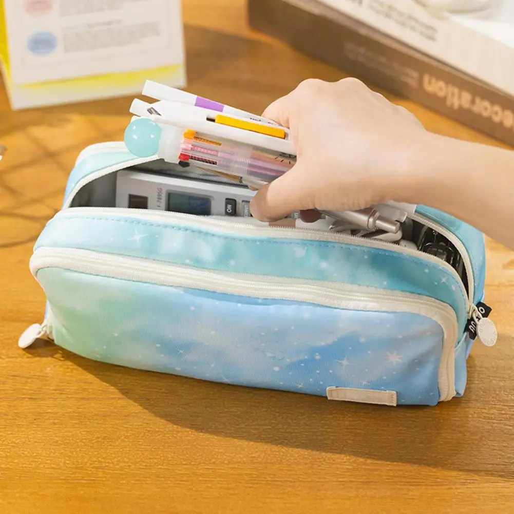 Kantong Gadget spidol tiga lapis gradien, tas pena warna gradien, kapasitas ritsleting portabel untuk anak perempuan, perlengkapan sekolah Ideal, kantong Gadget penanda