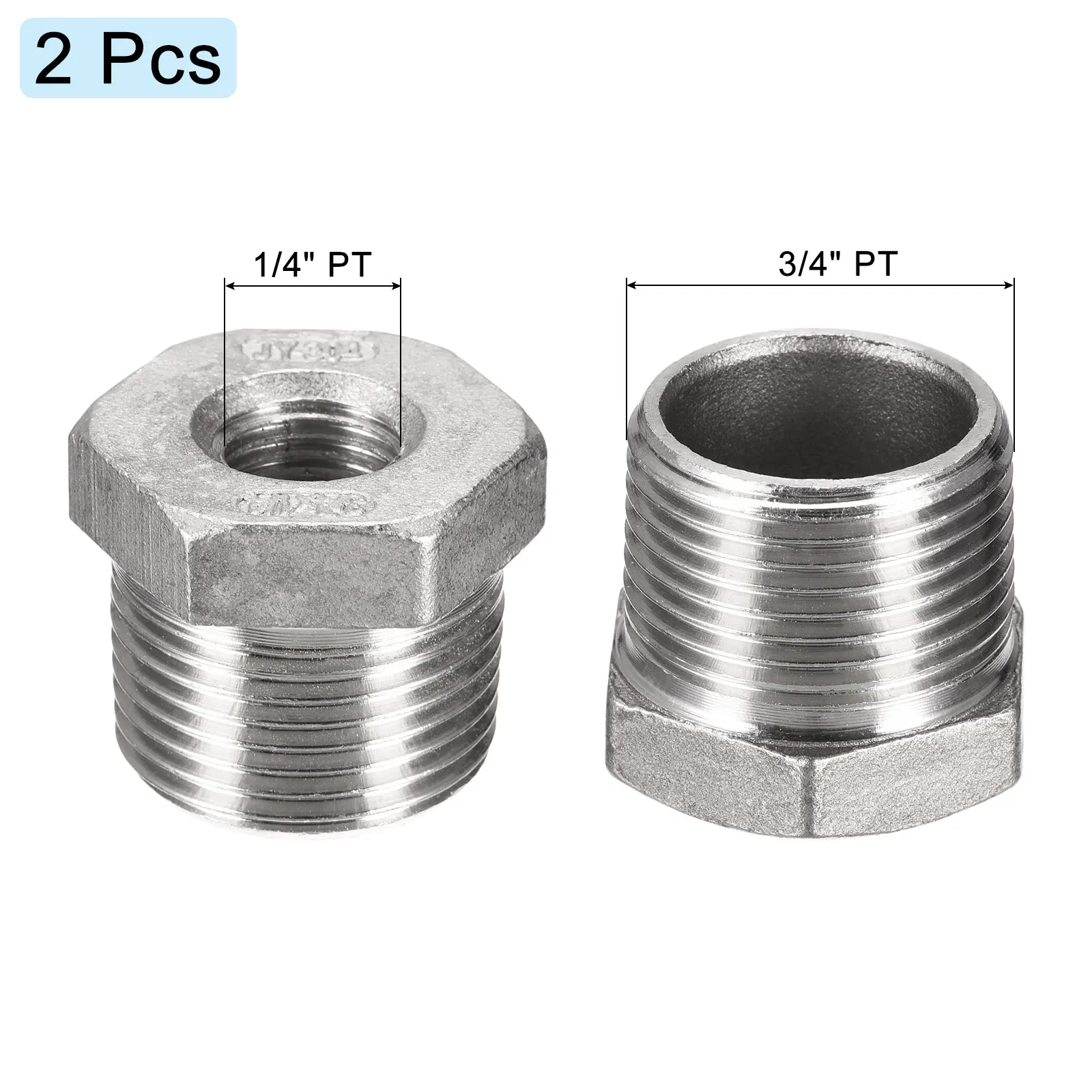 Uxcell Hex Mengurangi Bushing, 3/4 PT Laki-laki Ke 1/4 PT Perempuan 304 Baja Tahan Karat Pipa Fitting Peredam Adaptor, Pak 2