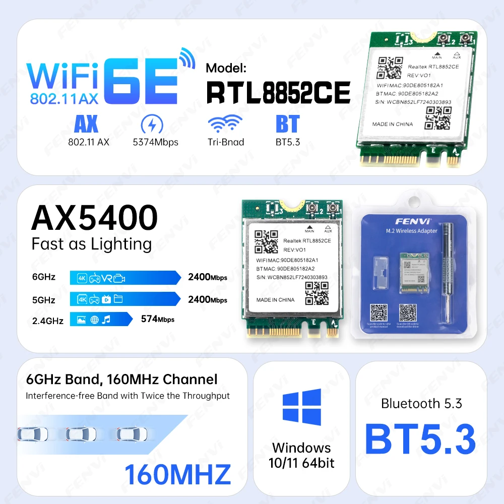 Fenvi WiFi6E RTL8852CE M.2 Network Card Tri Band 2.4G/5G/6Ghz BT 5.3 802.11AX 5400M Wireless WiFi Adapter for PC/Laptop Win10/11