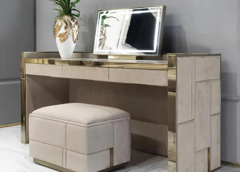 

High End Solid Oak Wood Lighted Mirror Dressing Table with Marble Top Drawer Customized Color Modern Bedroom Furniture for Villa