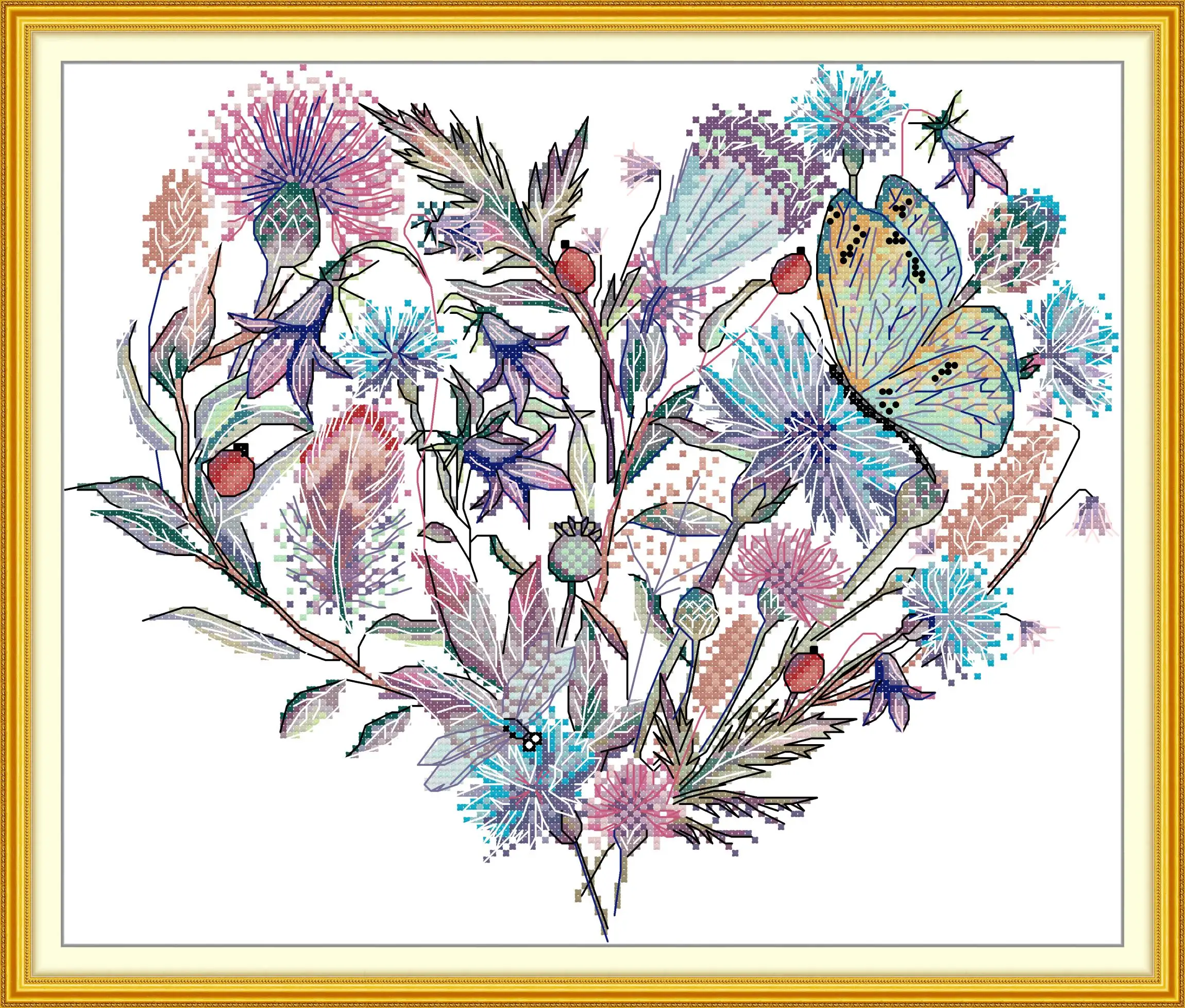 

Soulgift News Pre-Printed Cross Stitch Kit, Stamped Aida Fabric with DMC Threads, Embroidery kit - Florid heart