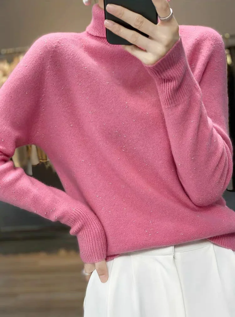 Birdtree 100% Sheep Wool Knited Sweater,Woman Golden Yarn Turtle Neck Full Sleeve Undershirt,2025 Autumn Warmth KnitwearT59630JF