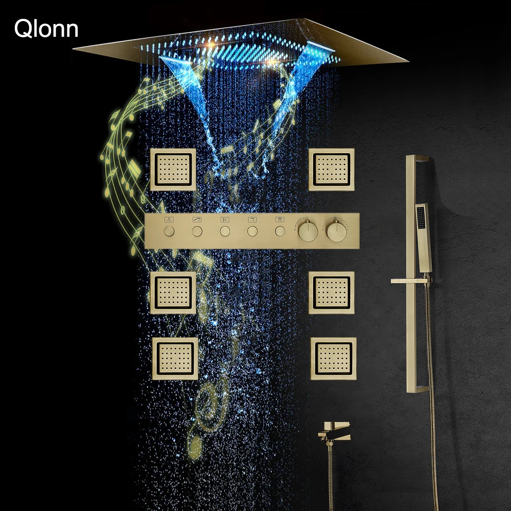 Qlonn 23 ×31 Inch Multi Functions Music LED Shower Head Bathroom Faucet Shower  System Set Push Button Smart Thermostatic Mixer