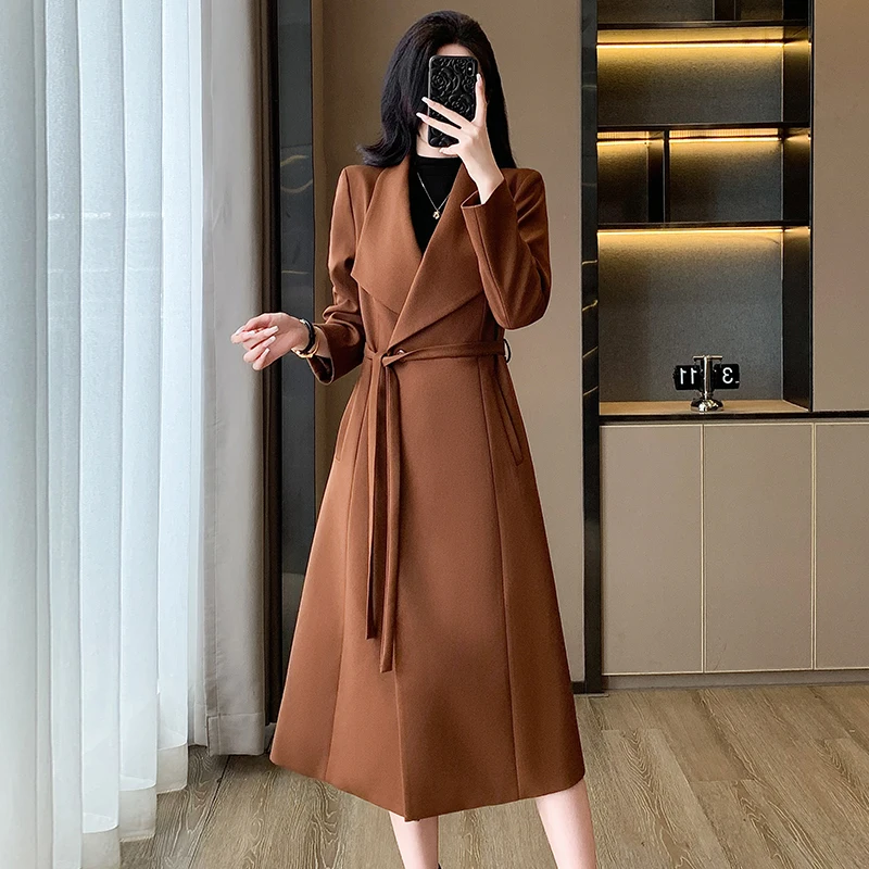 Caramel-Colored Mid-Length Trench Coat for Women Elegant Loose Fit Autumn Winter Fashionable High-End Style