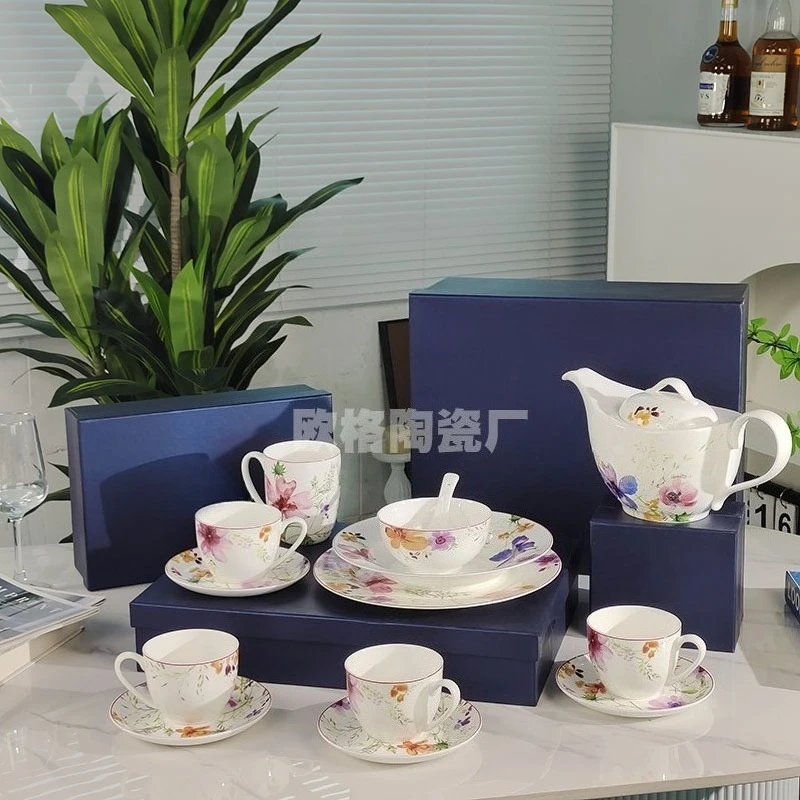

European Luxury Purple Bone China Dinnerware Plates Soup Dishes Mugs Cup Saucer Rice Bowls Stylish Home Use Tableware