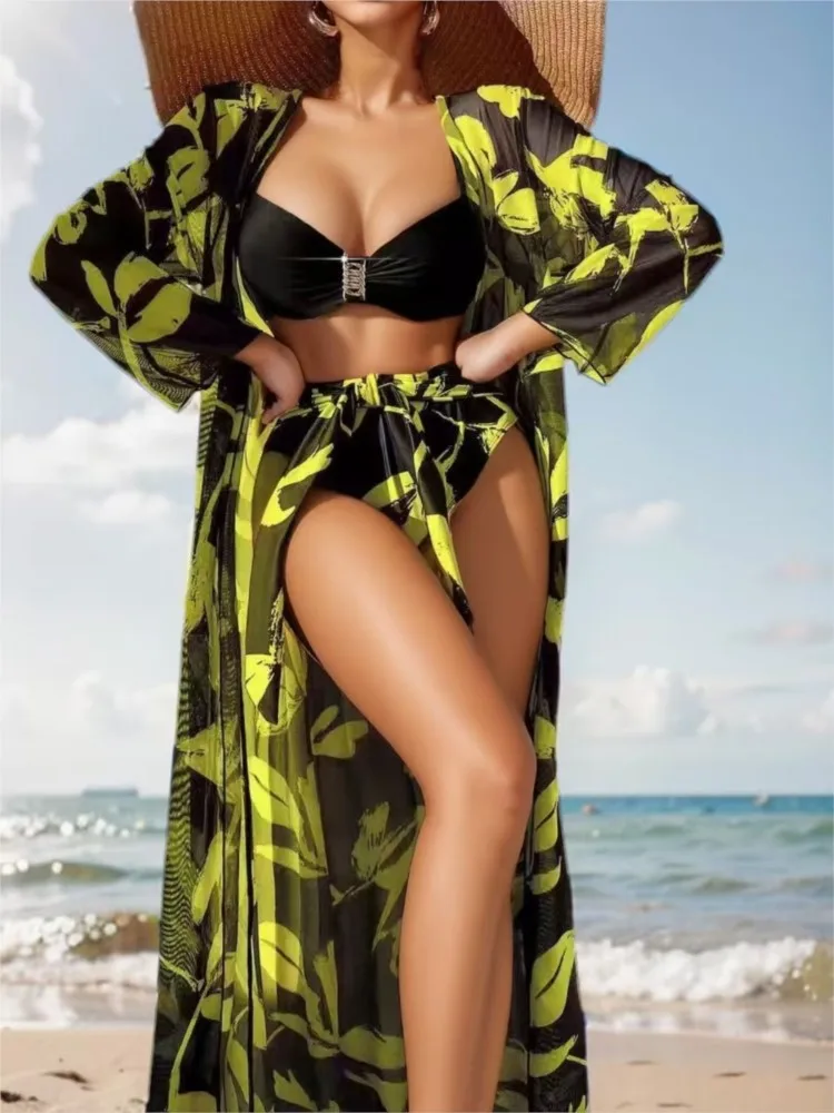 Retro Bikini Printed Fashion Bikini Set Swimsuit And Cover Up With Coat Tight Women's Bandage Summer Beach Luxury Elegant