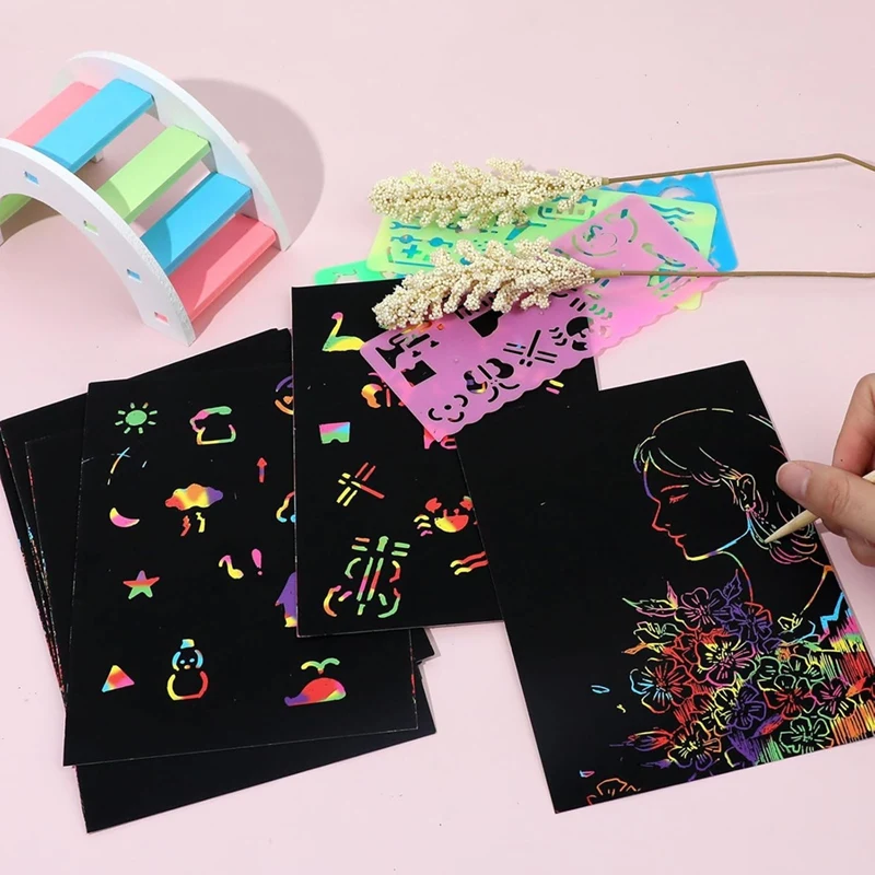 Scratch Paper Art Set, Black Scratch Art Crafts Kit For Party Favors DIY Painting Games Birthday Christmas Toys Gifts