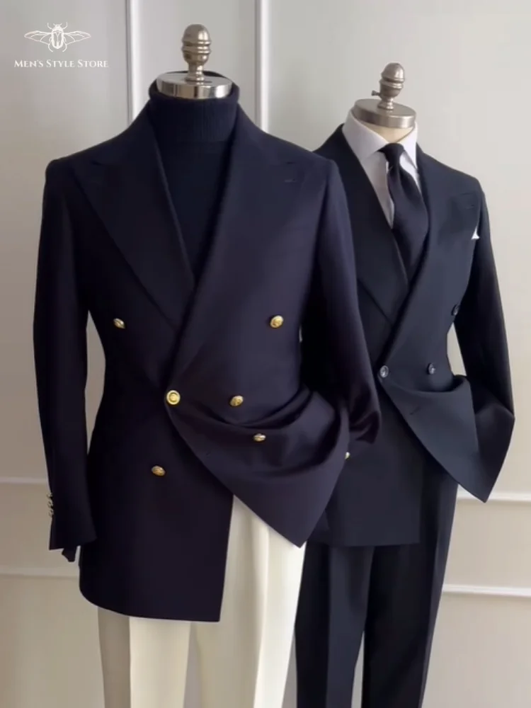 

2025 Trendy Men's Double Breasted Two-Piece Suit Classic Peak Slim Fit Formal Jacket Business Office Party Suit for Men