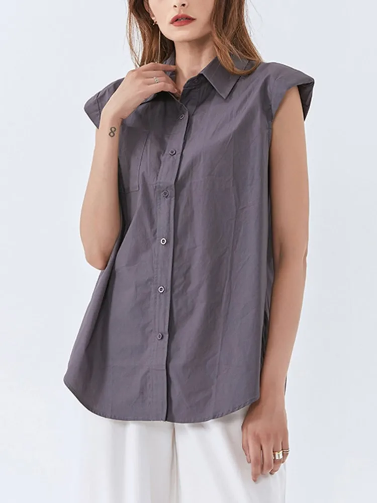 KBQ Casual Spliced Single Breasted Shirts For Women Lapel Sleeveless Patchwork Pocket Loose Solid Straight Blouses Female New
