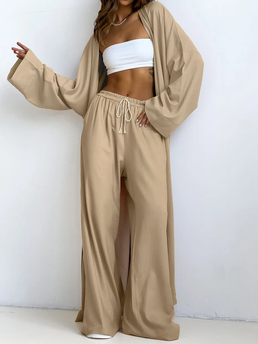 Marthaqiqi Fashion Women Nightgown Suit Sexy V-Neck Sleepwear Long Sleeve Nightwear Pants Loose Casual Ladies Pajama 2 Piece Set