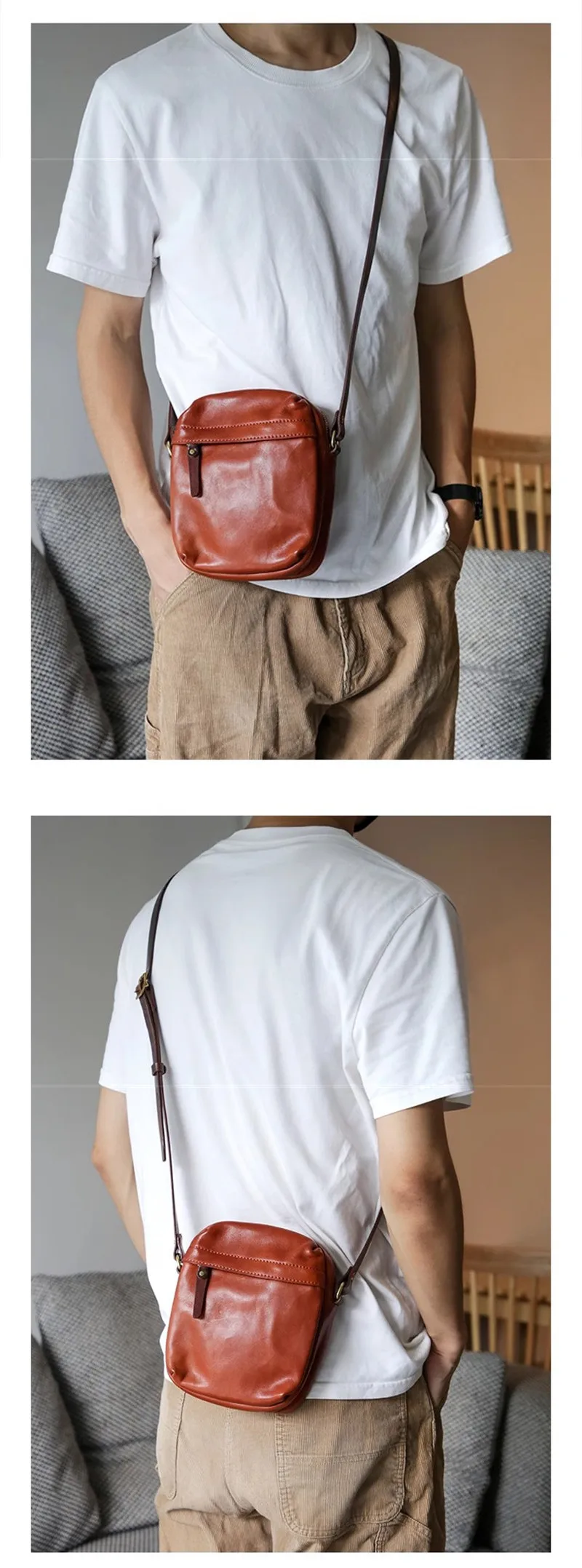 PNDME Einfache Vintage Luxus Echtleder Herren-Umhängetasche Outdoor Wochenend- und Alltagstasche aus natürlichem Rindsleder Handy-Umhängetasche – Detail 4
