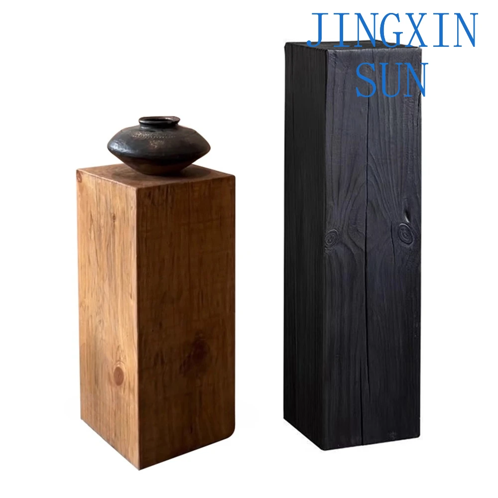 Square Wooden Pier Wabi Sandy Wind Carbonized Black Deep Grain Solid Wood Pile Flower Stand Base Bed And Breakfast Original Wood