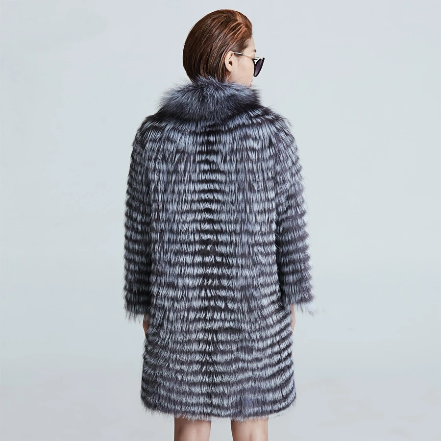 Free Shipping Stand Collar Real Fur Overcoat Women Natural Sliver Fox Fur Coat