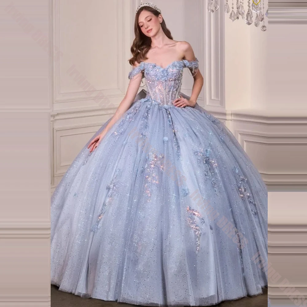 Shimmer Quinceanera Dresses Customized Sweetheart Neck Gold Applique Sleeveless Tulle Ball Gown Party Birthday Sweet 15 16 Gowns