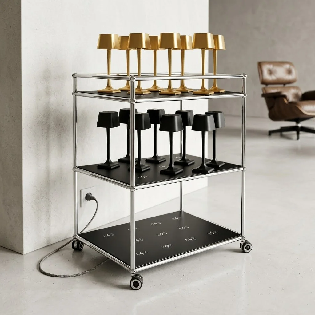 

Smart Qi Service Trolley for Restaurants Hotels Luxury Events Cordless Rechargeable LED Table Lamp Wireless Charging Station