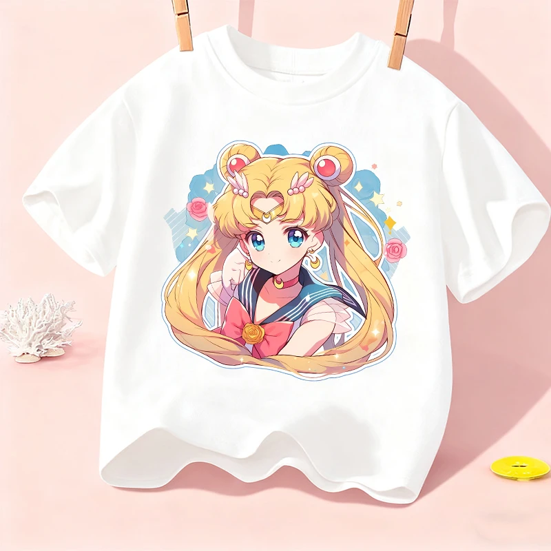 

Sailor Mooned Children Short Sleeve T Shirt Cartoon Tsukino Usagi Print Cotton Tees Girls Summer Casual Crew Neck Tops Kids Gift