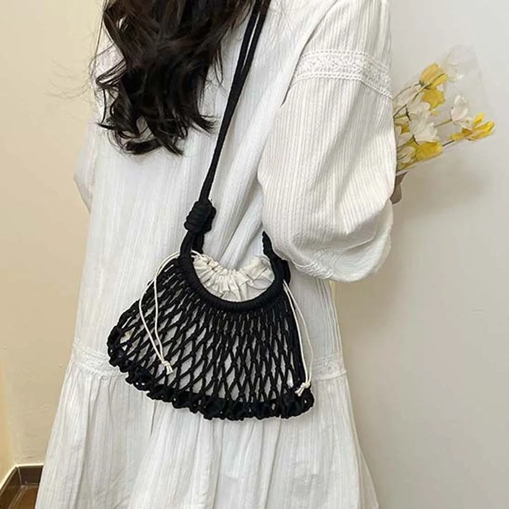 Large Capacity Crochet Shoulder Pouch Net Pouch Small Pouch Yarn Woven Crossbody Bag Polyester Lightweight Hollow Fishnet Bag