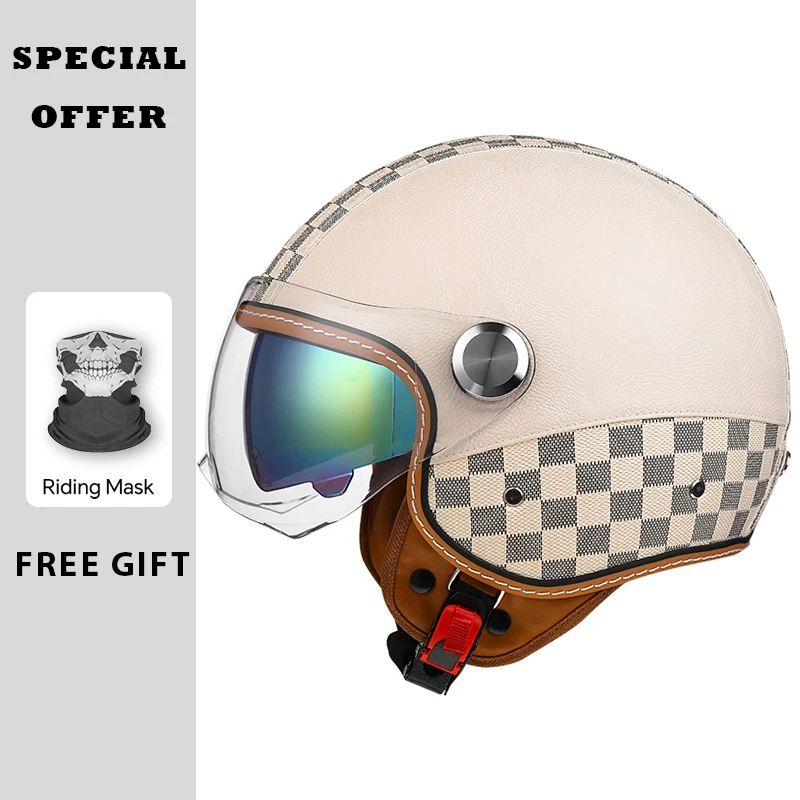 

White Check Original Open Face Motorcycle Helmets Men Lightweight Biker Leather Jet Helmet Electric Scooter Racing Helmet DOT