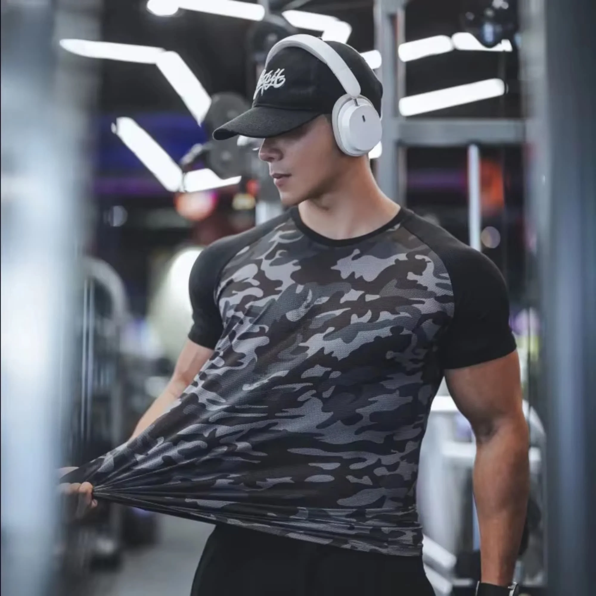 Tactical Dark Camo Color Block  Men Slim Workout Tee Outdoor Hunting Cycling Urban Street Fitness Sport Shirts