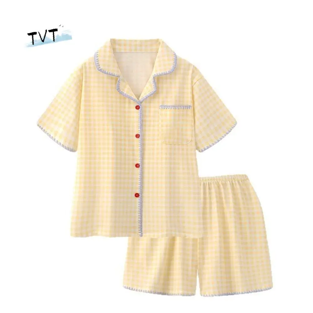 

Милый сладкий клетчатый пижамный комплект, свободная решетка, комплект из 2 предметов, ночное белье, летняя тонкая домашняя одежда, женские пижамы с короткими рукавами