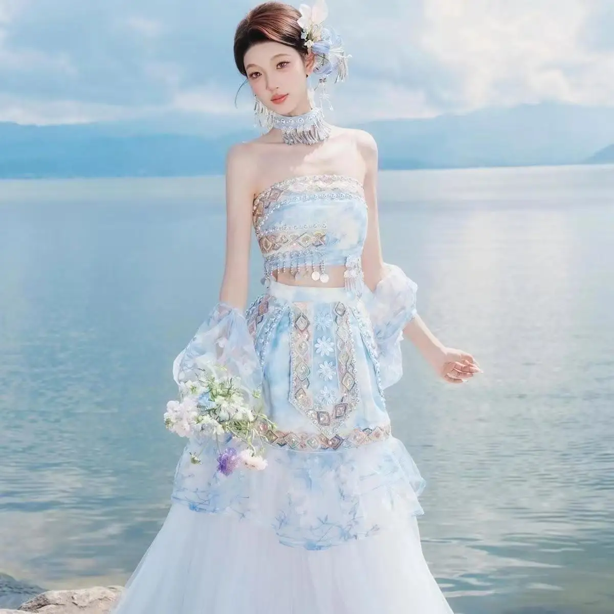 

Fresh Blue Hmong Costume Women's National Style Miao Clothing Summer Beach Party Dance Skirt Stage Performance Suits Female