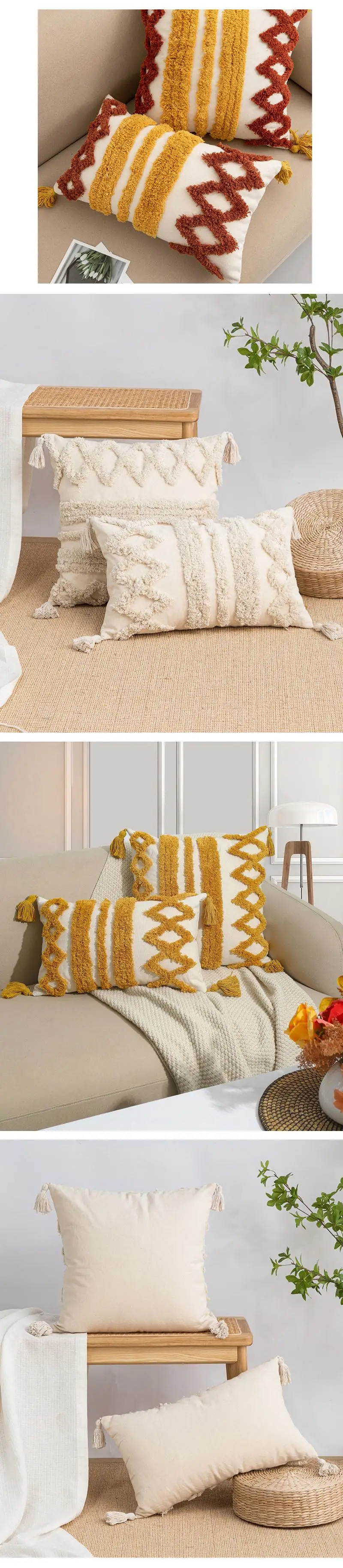 Bohemian-Stickerei-Kissenbezug 45x45 cm, geometrisches Jacquard-Muster, orange, Canvas-Kissenhülle, dekorativ für Zuhause, Sofa – Detail 5