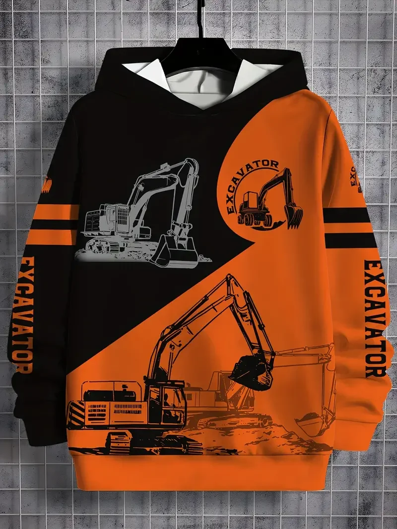 Men's Hoodie Color Block Excavator Print Sweatshirts Harajuku Hooded Shirt Pullover Casual Clothes Streetwear Top Men's Clothing