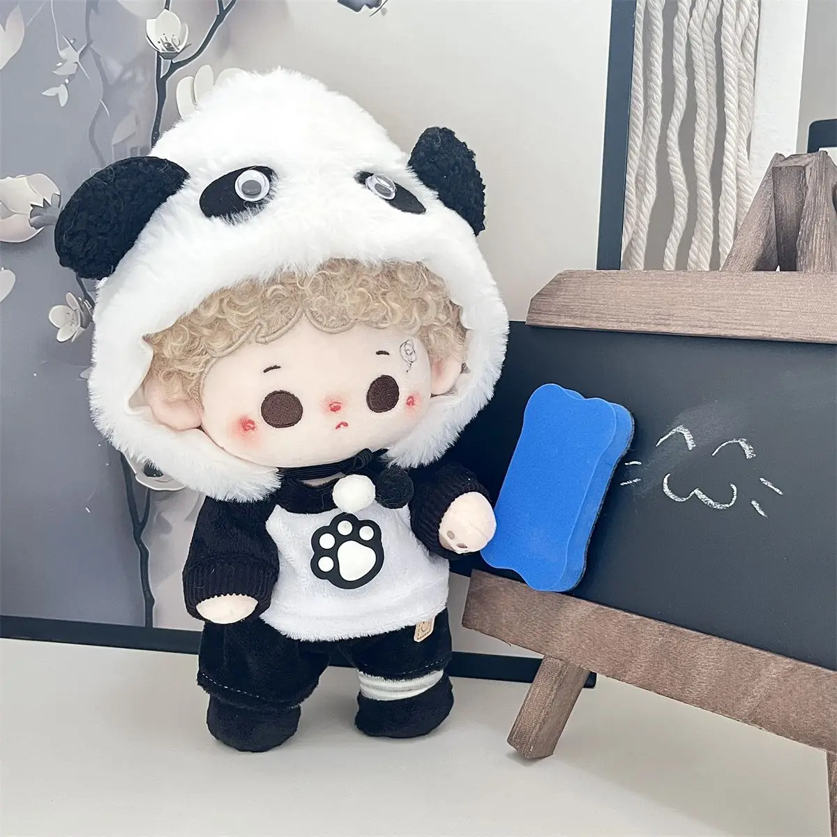 【 판다 자이 자이 】20cm 면 인형 의류 세트, 어린이를 위한 흑백 판다 봉제 인형 드레스업