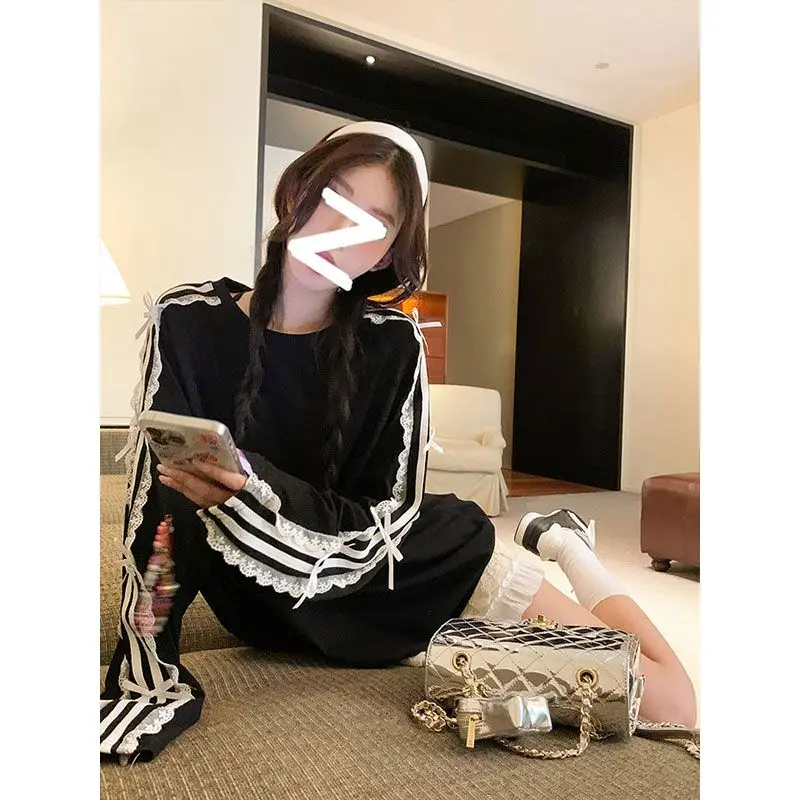 Female Casual Korean Striped O-neck Long Sleeve Loose T-Shirts Autumn All-match Bright Line Decoration Bow Lace Tren Sweatshirts