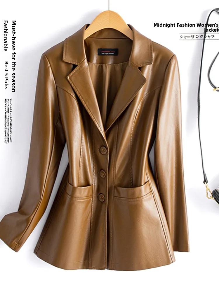 Autunno 2025 New Sle Donna Slim Fit Or Pelle Jaet eepskin Cappotto Pendolarismo Sle Tee Button ket Design Long Sve