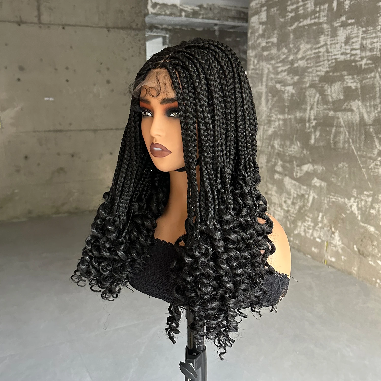 Synthetic Braided Wigs Lace Closure Wigs Curly Ends Box Braided 4x4 Lace Wig with Baby Hair for Black Women Afro Braiding Wigs