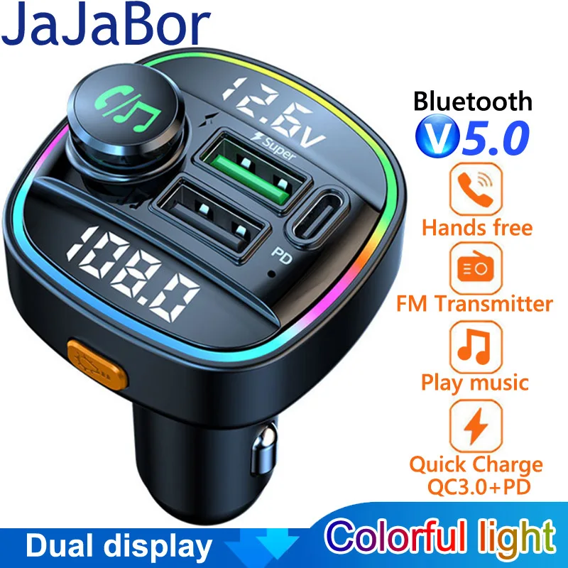 

JaJaBor FM Transmitter Modulator Colorful Light QC3.0 PD 20W Super Fast Charging USB Car Charger Handsfree Bluetooth Car Kit