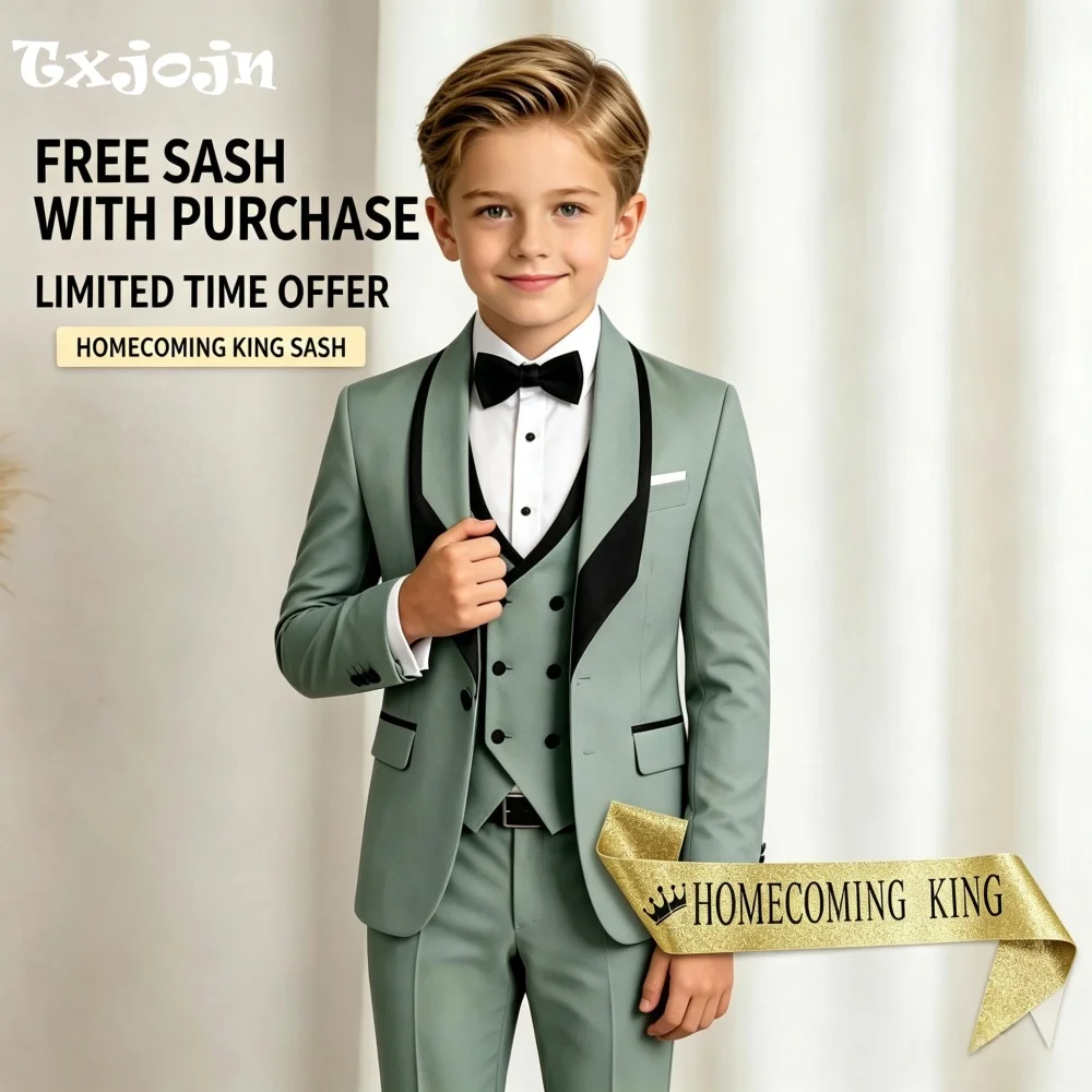 Homecoming Formal Suit for Boys Trendy Wedding Tuxedo 3 Piece Jacket Pants Vest Kids Blazer Set Slim Fit Tailored Outfit