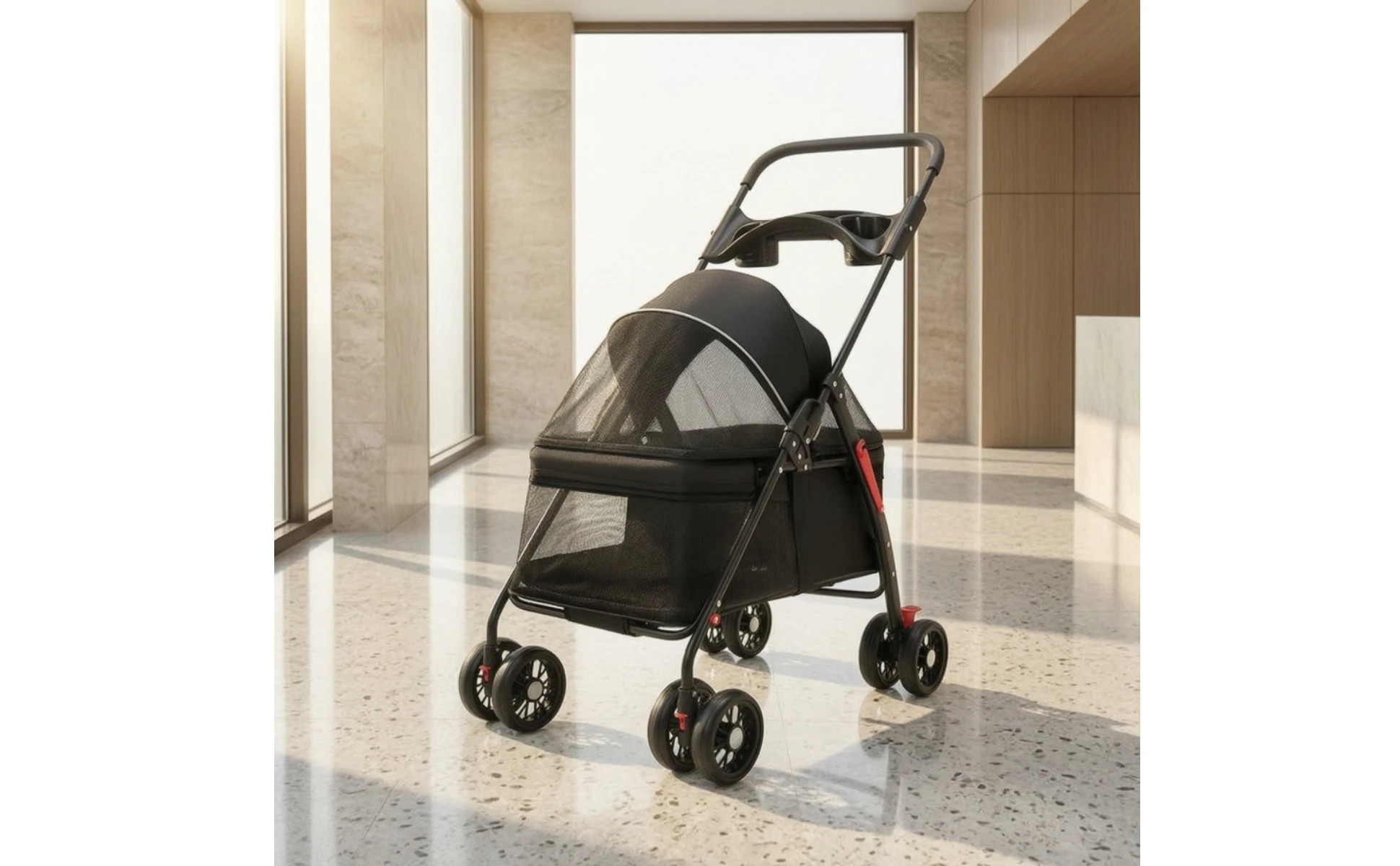 Pet Stroller with Storage Basket 4-Wheel Foldable Pet Stroller Collapsible Breathable for Small Dogs, Outdoor Walks, Travel