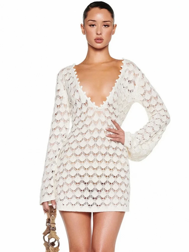 

Сексуальное женское вязаное пляжное платье с вырезами, V-образным вырезом и длинными рукавами, накидка для бикини, праздничное платье, летняя пляжная одежда 2026