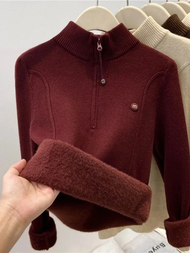 سترة محبوكة مخملية أنيقة من Chic f Zip Thiened للنساء لربيع وخريف وشتاء f بياقة عالية وقاعدة مستوى الكتف...