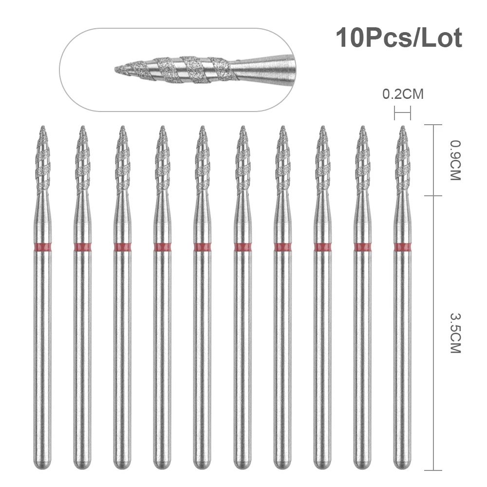 10Pcs/Lot Flame Diamond Nail Drill Bits Tornado 3/32'' Milling Cutter Cuticle Rotary Burr Drill Manicure Pedicure Spiral Tools