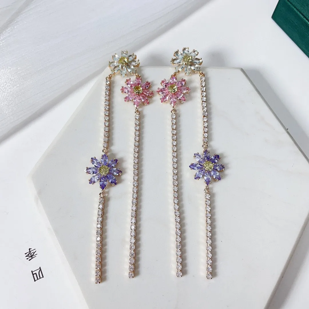 مجموعات مجوهرات بتصميم زهرة الأقحوان الوردي الأرجواني الزركون المختنق القلائد شرابة طويلة قلادة الأقراط للنساء #3